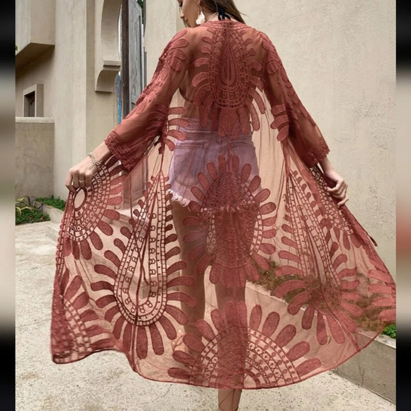 Style Apparel Sheer Lace Kimono Coverup Women's L Boho Festival Hippie Artsy - Picture 2 of 11